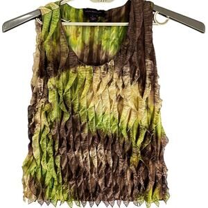 Haley Matthews Tank Top Women XL Brown Green Ruffled Sleeveless Fairy Stretch